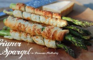 Grüner Spargel vom Grill in Parmesan-Blätterteig Grüner Spargel vom Grill